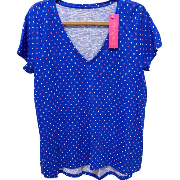 Lilly Pulitzer Etta V-Neck T-Shirt L Borealis Blue Lilly Squared Print NWT - Picture 1 of 2